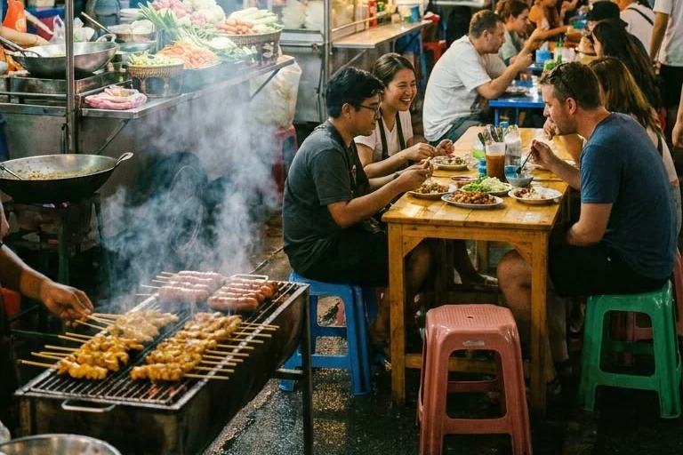 A night food stall: skewers grilling over coals in the foreground while four people eat together at a wooden table behind.